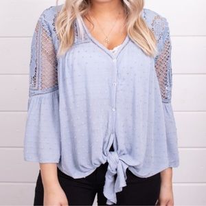 NWOT LOVESTITCH CROCHET LACE TRIM TIE FRONT BLOUSE